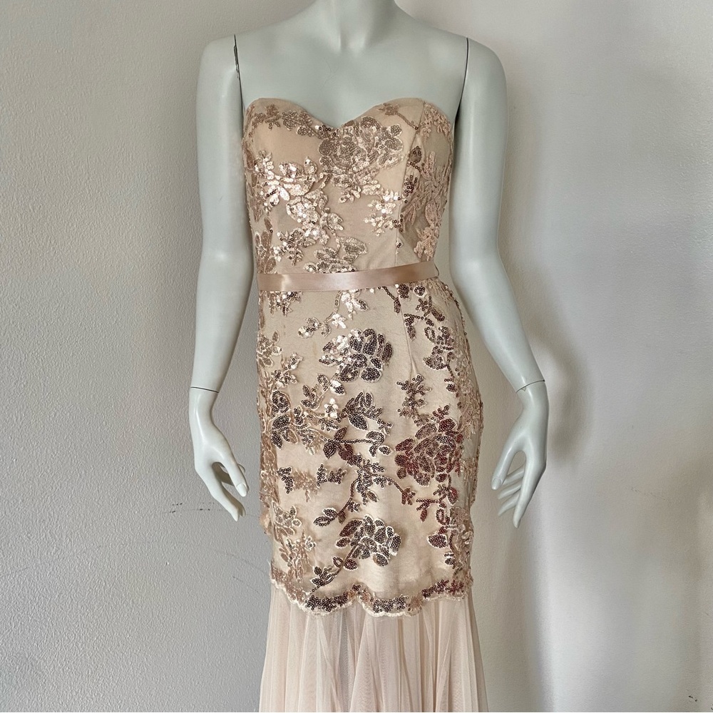 PROM Windsor Champagne Tulle Dress with Sequin Foral Detail